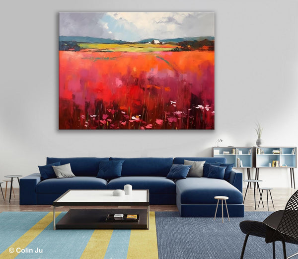 Abstract Canvas Painting, Landscape Paintings for Living Room, Red Poppy Field Painting, Original Hand Painted Wall Art, Abstract Landscape Art-LargePaintingArt.com
