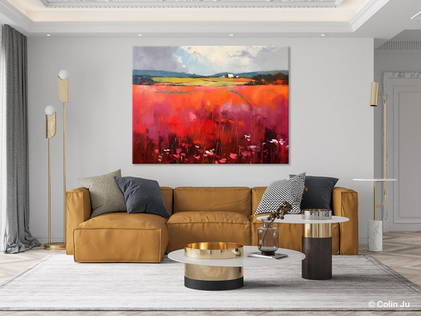 Abstract Canvas Painting, Landscape Paintings for Living Room, Red Poppy Field Painting, Original Hand Painted Wall Art, Abstract Landscape Art-LargePaintingArt.com