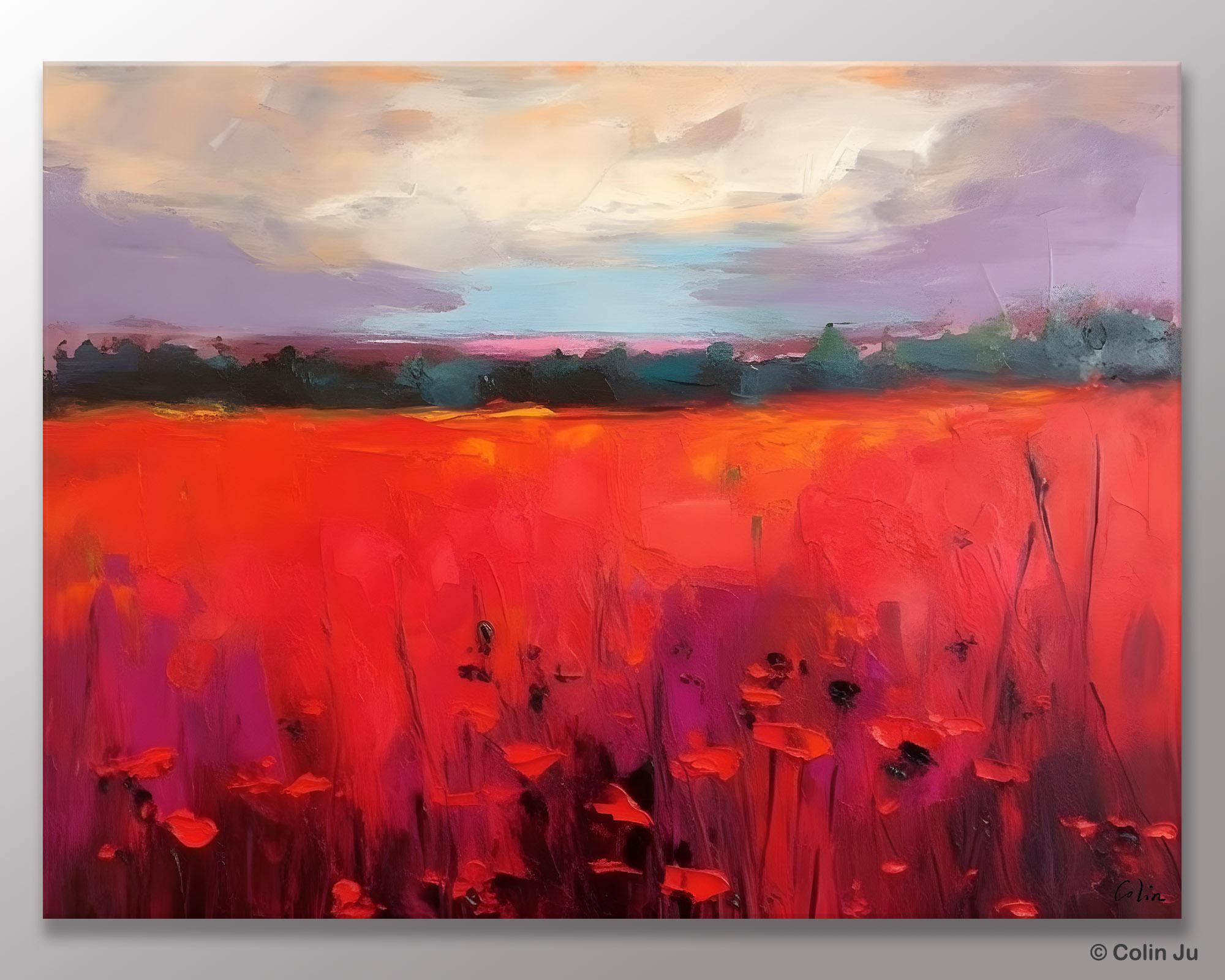 Simple Modern Art, Original Landscape Painting, Landscape Paintings for Living Room, Poppy Filed Canvas Paintings, Large Wall Art Paintings-LargePaintingArt.com