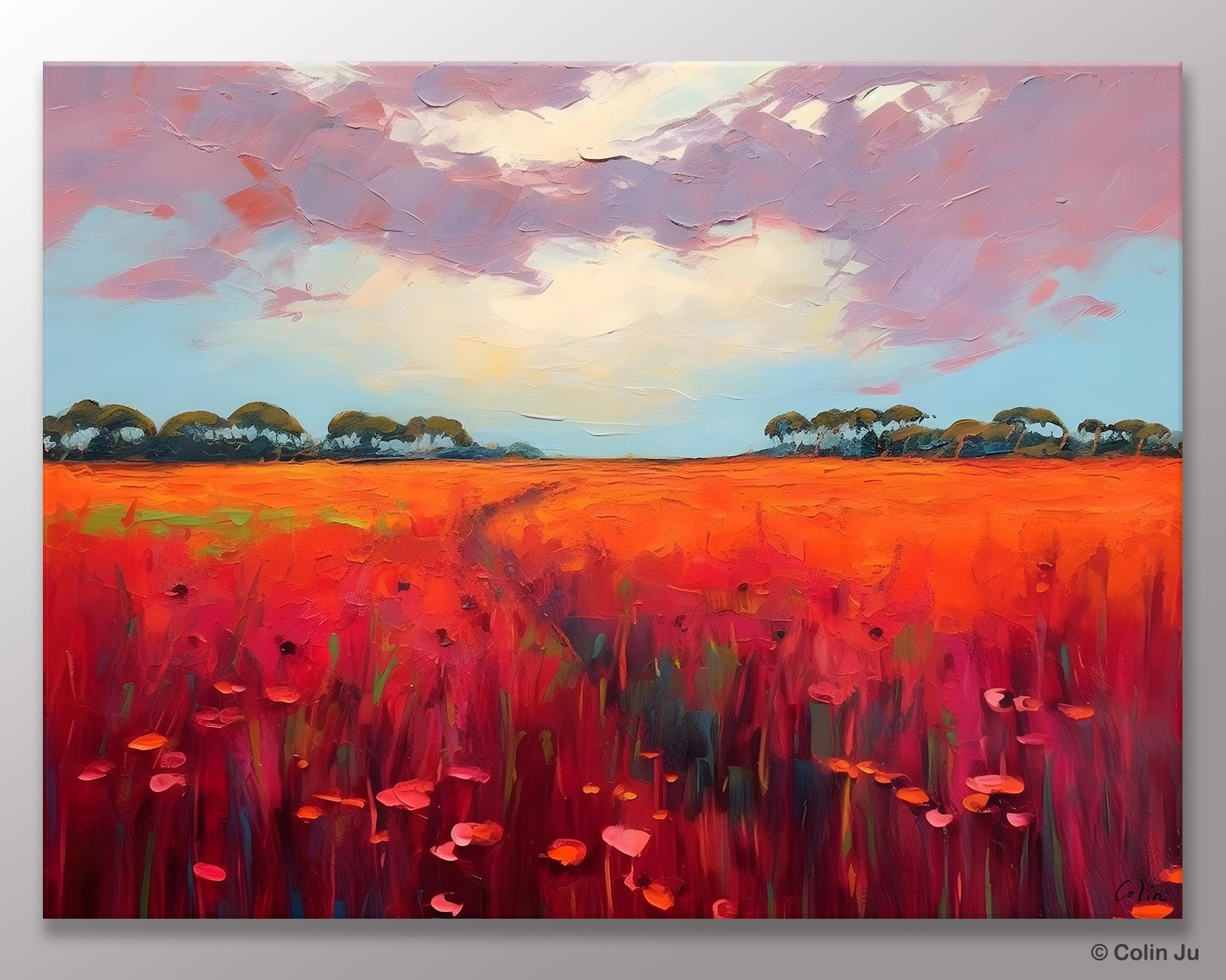 Acrylic Abstract Art, Landscape Canvas Paintings, Red Poppy Flower Field Painting, Landscape Acrylic Painting, Living Room Wall Art Paintings-LargePaintingArt.com