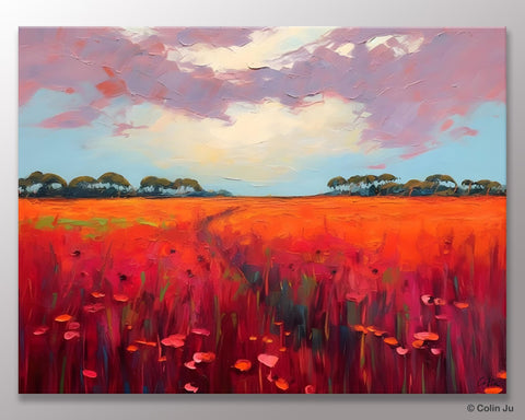 Acrylic Abstract Art, Landscape Canvas Paintings, Red Poppy Flower Field Painting, Landscape Acrylic Painting, Living Room Wall Art Paintings-LargePaintingArt.com