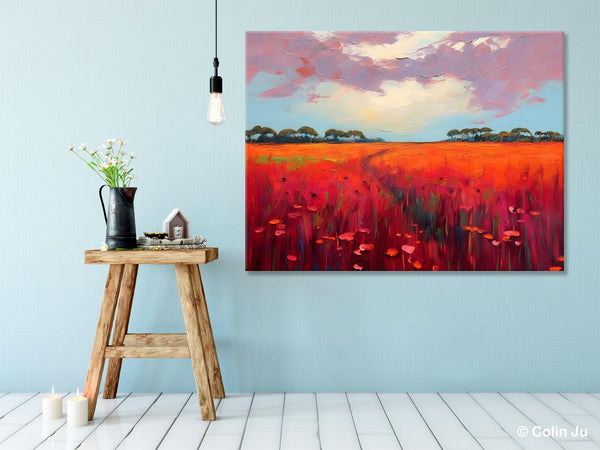 Acrylic Abstract Art, Landscape Canvas Paintings, Red Poppy Flower Field Painting, Landscape Acrylic Painting, Living Room Wall Art Paintings-LargePaintingArt.com