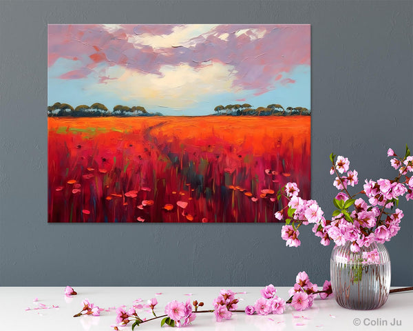 Acrylic Abstract Art, Landscape Canvas Paintings, Red Poppy Flower Field Painting, Landscape Acrylic Painting, Living Room Wall Art Paintings-LargePaintingArt.com