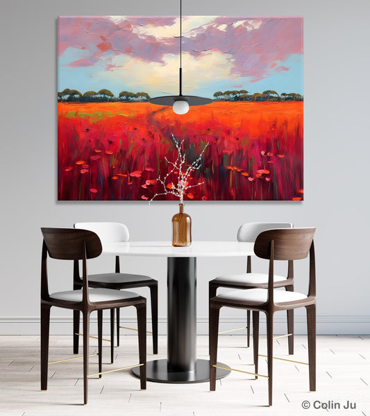 Acrylic Abstract Art, Landscape Canvas Paintings, Red Poppy Flower Field Painting, Landscape Acrylic Painting, Living Room Wall Art Paintings-LargePaintingArt.com