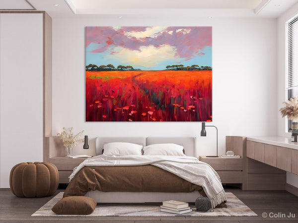 Acrylic Abstract Art, Landscape Canvas Paintings, Red Poppy Flower Field Painting, Landscape Acrylic Painting, Living Room Wall Art Paintings-LargePaintingArt.com
