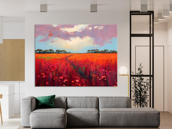 Acrylic Abstract Art, Landscape Canvas Paintings, Red Poppy Flower Field Painting, Landscape Acrylic Painting, Living Room Wall Art Paintings-LargePaintingArt.com