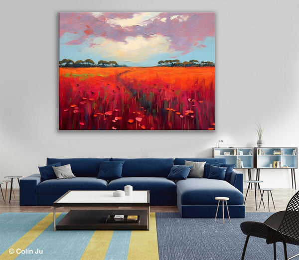 Acrylic Abstract Art, Landscape Canvas Paintings, Red Poppy Flower Field Painting, Landscape Acrylic Painting, Living Room Wall Art Paintings-LargePaintingArt.com