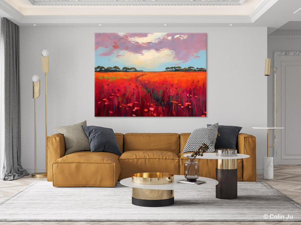 Acrylic Abstract Art, Landscape Canvas Paintings, Red Poppy Flower Field Painting, Landscape Acrylic Painting, Living Room Wall Art Paintings-LargePaintingArt.com