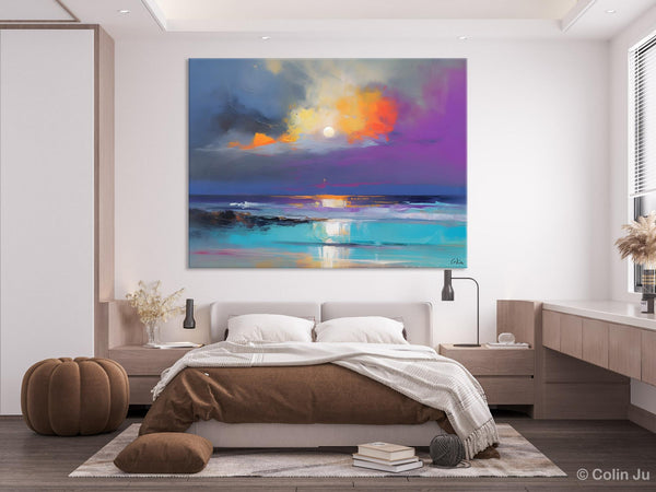 Landscape Painting on Canvas, Hand Painted Canvas Art, Moon Rising from Sea, Contemporary Wall Art Paintings, Extra Large Original Art-LargePaintingArt.com