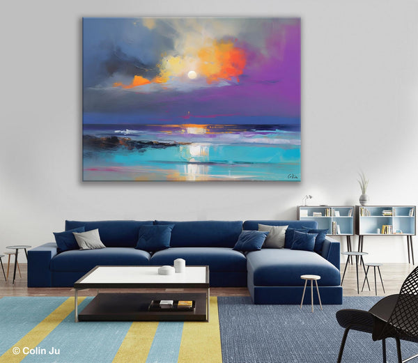 Landscape Painting on Canvas, Hand Painted Canvas Art, Moon Rising from Sea, Contemporary Wall Art Paintings, Extra Large Original Art-LargePaintingArt.com
