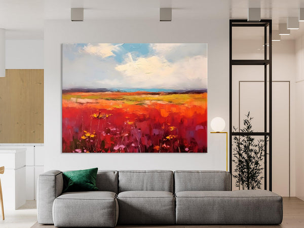 Extra Large Wall Art Painting, Landscape Canvas Painting for Living Room, Flower Field Acrylic Paintings, Original Landscape Acrylic Artwork-LargePaintingArt.com