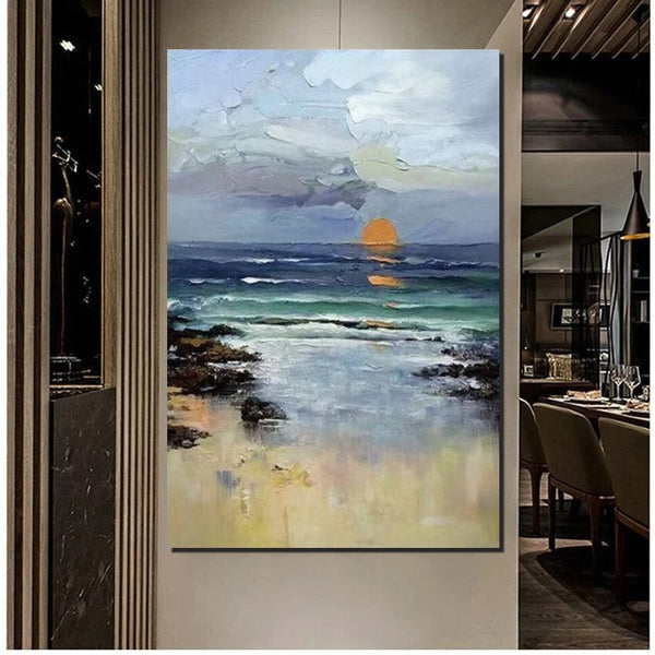 Contemporary Abstract Art for Dining Room, Seashore Sunrise Paintings, Living Room Canvas Art Ideas, Large Landscape Painting, Simple Modern Art-LargePaintingArt.com
