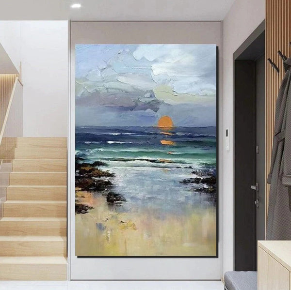 Contemporary Abstract Art for Dining Room, Seashore Sunrise Paintings, Living Room Canvas Art Ideas, Large Landscape Painting, Simple Modern Art-LargePaintingArt.com