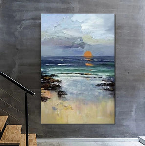 Contemporary Abstract Art for Dining Room, Seashore Sunrise Paintings, Living Room Canvas Art Ideas, Large Landscape Painting, Simple Modern Art-LargePaintingArt.com