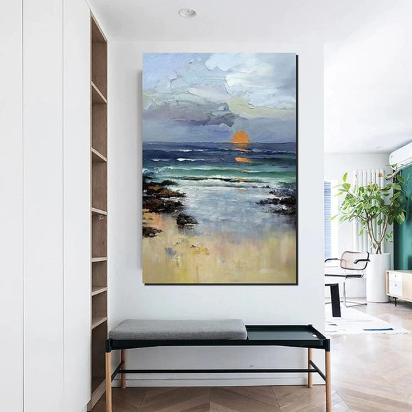Contemporary Abstract Art for Dining Room, Seashore Sunrise Paintings, Living Room Canvas Art Ideas, Large Landscape Painting, Simple Modern Art-LargePaintingArt.com