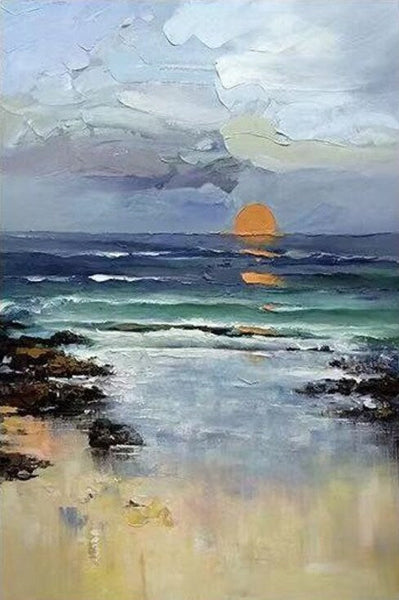 Contemporary Abstract Art for Dining Room, Seashore Sunrise Paintings, Living Room Canvas Art Ideas, Large Landscape Painting, Simple Modern Art-LargePaintingArt.com