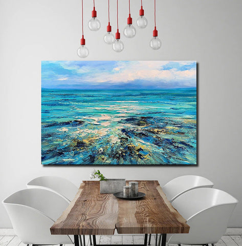 Abstract Landscape Paintings, Blue Sea Wave Painting, Landscape Canvas Paintings, Seascape Painting, Acrylic Paintings for Living Room, Hand Painted Canvas Art-LargePaintingArt.com