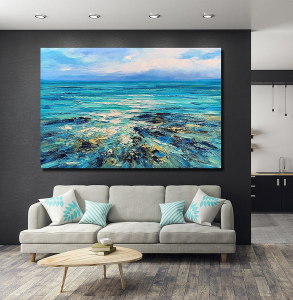Abstract Landscape Paintings, Blue Sea Wave Painting, Landscape Canvas Paintings, Seascape Painting, Acrylic Paintings for Living Room, Hand Painted Canvas Art-LargePaintingArt.com