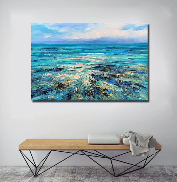 Abstract Landscape Paintings, Blue Sea Wave Painting, Landscape Canvas Paintings, Seascape Painting, Acrylic Paintings for Living Room, Hand Painted Canvas Art-LargePaintingArt.com