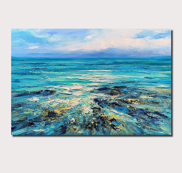Abstract Landscape Paintings, Blue Sea Wave Painting, Landscape Canvas Paintings, Seascape Painting, Acrylic Paintings for Living Room, Hand Painted Canvas Art-LargePaintingArt.com