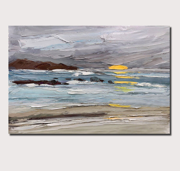 Abstract Landscape Paintings, Landscape Canvas Paintings, Seashore Sunrise Painting, Acrylic Paintings for Living Room, Large Simple Modern Art-LargePaintingArt.com