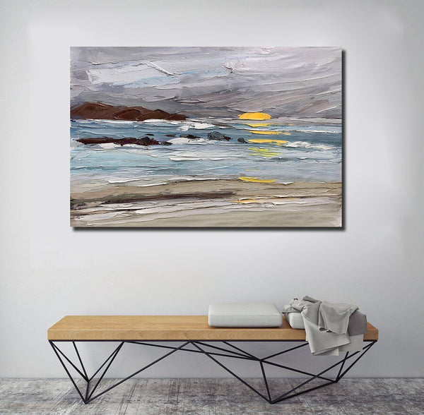 Abstract Landscape Paintings, Landscape Canvas Paintings, Seashore Sunrise Painting, Acrylic Paintings for Living Room, Large Simple Modern Art-LargePaintingArt.com