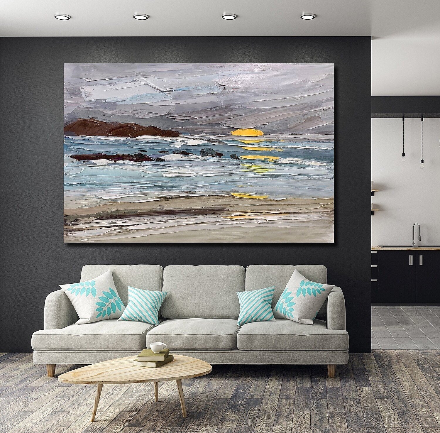 Abstract Landscape Paintings, Landscape Canvas Paintings, Seashore Sunrise Painting, Acrylic Paintings for Living Room, Large Simple Modern Art-LargePaintingArt.com