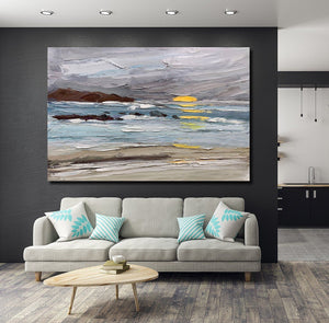 Abstract Landscape Paintings, Landscape Canvas Paintings, Seashore Sunrise Painting, Acrylic Paintings for Living Room, Large Simple Modern Art-LargePaintingArt.com