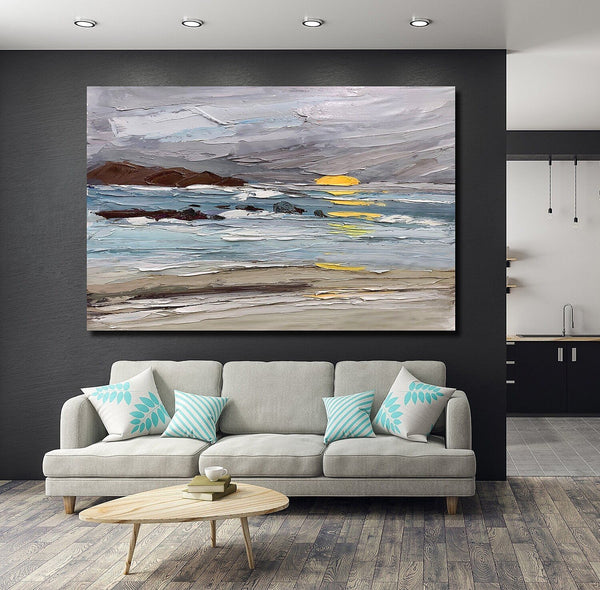 Abstract Landscape Paintings, Landscape Canvas Paintings, Seashore Sunrise Painting, Acrylic Paintings for Living Room, Large Simple Modern Art-LargePaintingArt.com