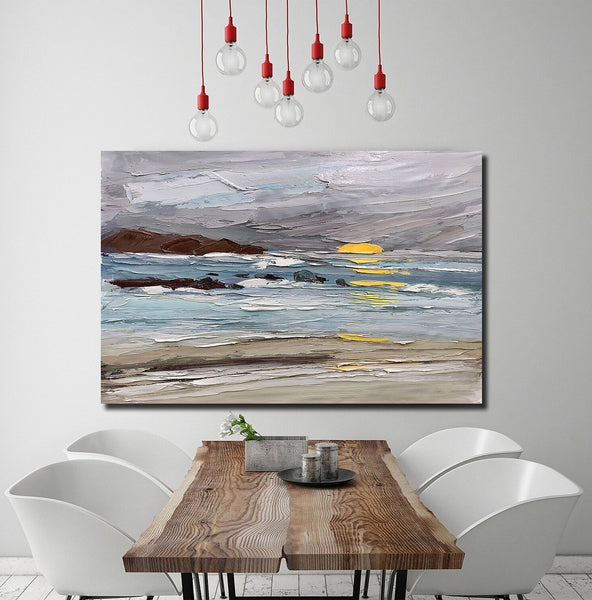 Abstract Landscape Paintings, Landscape Canvas Paintings, Seashore Sunrise Painting, Acrylic Paintings for Living Room, Large Simple Modern Art-LargePaintingArt.com