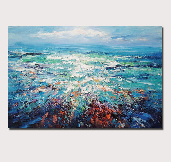 Landscape Canvas Paintings, Abstract Landscape Paintings, Blue Sea Wave Painting, Seascape Painting, Landscape Paintings for Living Room, Heavy Texture Canvas Art-LargePaintingArt.com