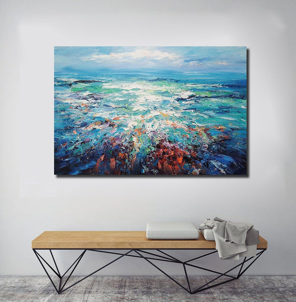 Landscape Canvas Paintings, Abstract Landscape Paintings, Blue Sea Wave Painting, Seascape Painting, Landscape Paintings for Living Room, Heavy Texture Canvas Art-LargePaintingArt.com