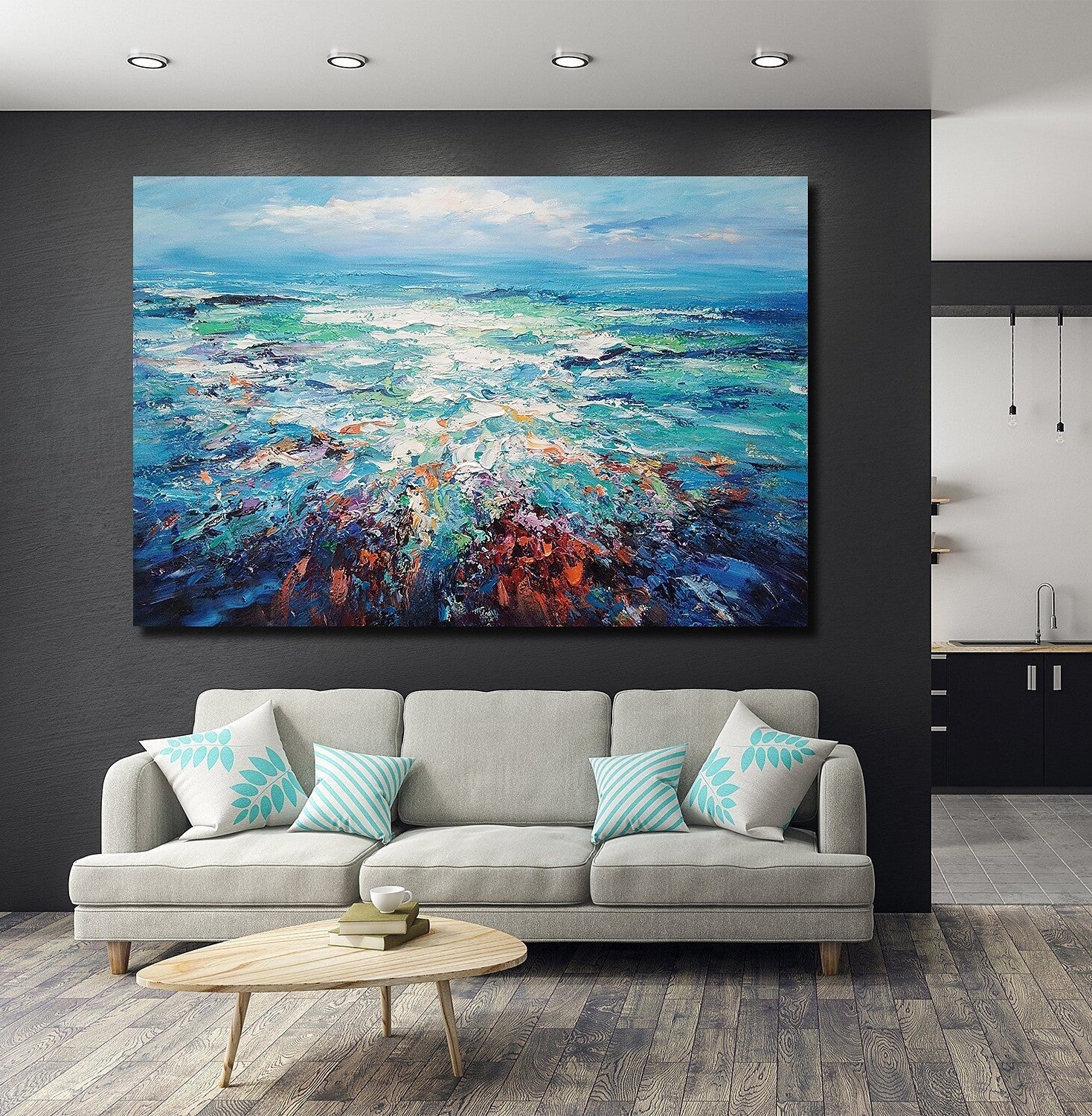 Landscape Canvas Paintings, Abstract Landscape Paintings, Blue Sea Wave Painting, Seascape Painting, Landscape Paintings for Living Room, Heavy Texture Canvas Art-LargePaintingArt.com