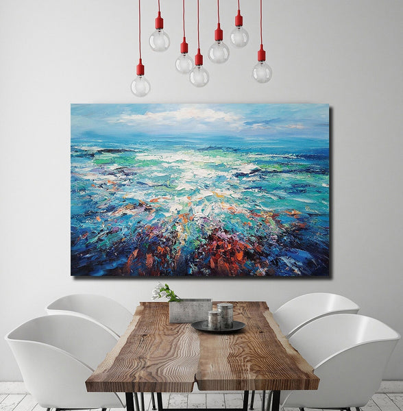 Landscape Canvas Paintings, Abstract Landscape Paintings, Blue Sea Wave Painting, Seascape Painting, Landscape Paintings for Living Room, Heavy Texture Canvas Art-LargePaintingArt.com