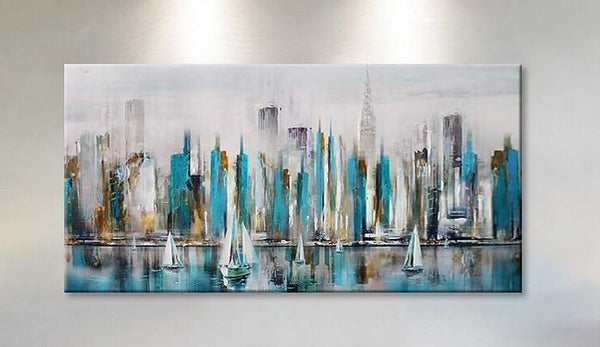 Sail Boat Painting, Cityscape Painting, Abstract Landscape Art, Wall Art Paintings, Simple Modern Paintings for Living Room-LargePaintingArt.com