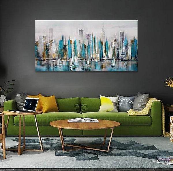 Sail Boat Painting, Cityscape Painting, Abstract Landscape Art, Wall Art Paintings, Simple Modern Paintings for Living Room-LargePaintingArt.com