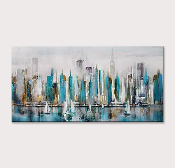 Sail Boat Painting, Cityscape Painting, Abstract Landscape Art, Wall Art Paintings, Simple Modern Paintings for Living Room-LargePaintingArt.com