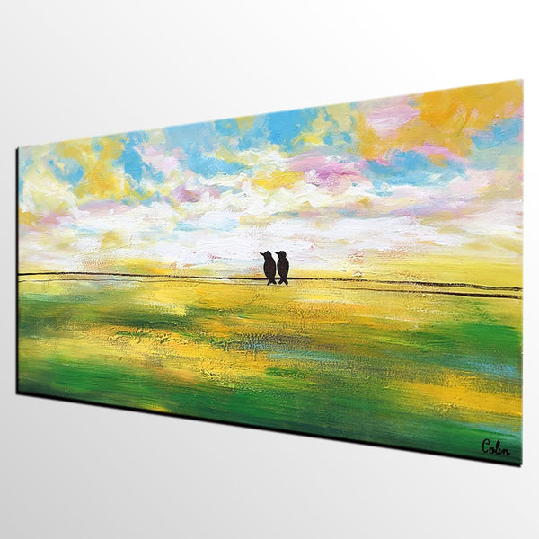 Paintings for Dining Room, Modern Painting, Love Birds Painting, Wedding Gift, Simple Abstract Painting, Abstract Landscape Painting-LargePaintingArt.com