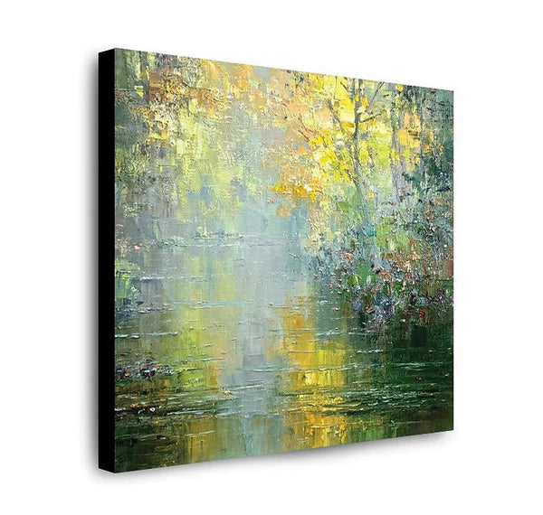 Abstract Landscape Painting, Forest Tree by the River, Landscape Canvas Painting, Simple Modern Wall Art Paintings for Living Room, Large Landscape Paintings-LargePaintingArt.com