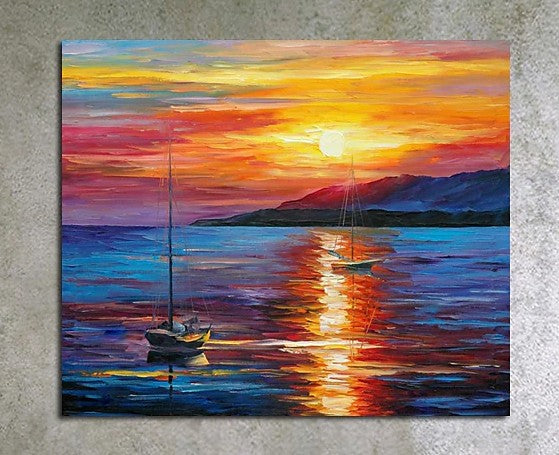 Boat Paintings, Simple Modern Art, Paintings for Living Room, Sunrise Painting, landscape Canvas Painting, Hand Painted Canvas Painting-LargePaintingArt.com