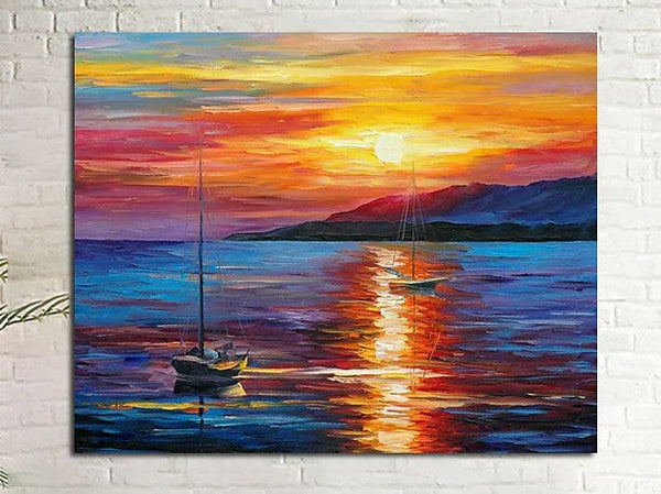 Boat Paintings, Simple Modern Art, Paintings for Living Room, Sunrise Painting, landscape Canvas Painting, Hand Painted Canvas Painting-LargePaintingArt.com