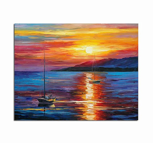 Boat Paintings, Simple Modern Art, Paintings for Living Room, Sunrise Painting, landscape Canvas Painting, Hand Painted Canvas Painting-LargePaintingArt.com