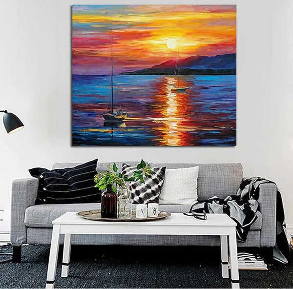 Boat Paintings, Simple Modern Art, Paintings for Living Room, Sunrise Painting, landscape Canvas Painting, Hand Painted Canvas Painting-LargePaintingArt.com