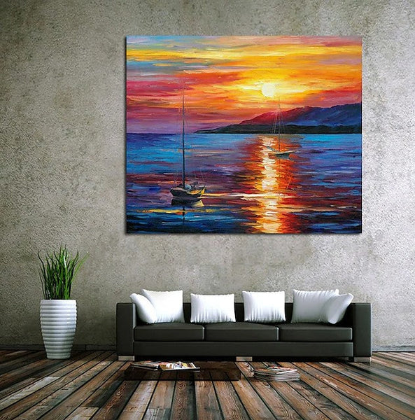 Boat Paintings, Simple Modern Art, Paintings for Living Room, Sunrise Painting, landscape Canvas Painting, Hand Painted Canvas Painting-LargePaintingArt.com