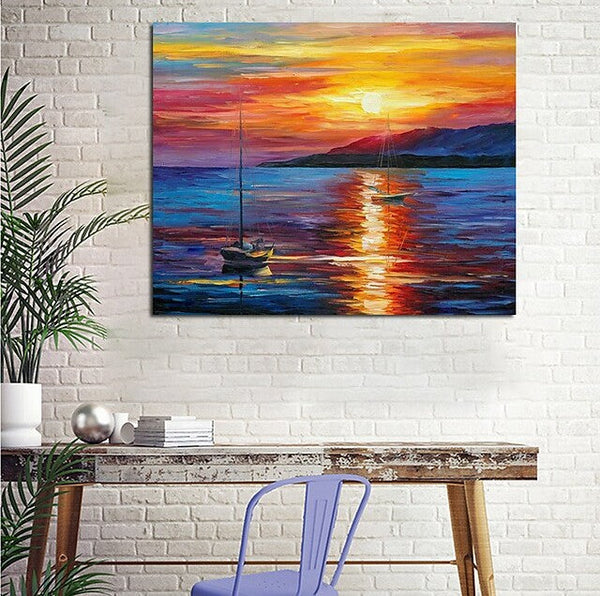 Boat Paintings, Simple Modern Art, Paintings for Living Room, Sunrise Painting, landscape Canvas Painting, Hand Painted Canvas Painting-LargePaintingArt.com