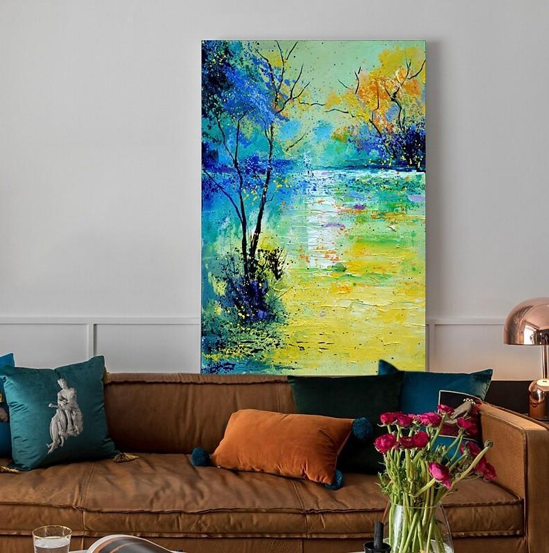 Forest Tree by the Lake Painting, Abstract Landscape Painting, Canvas Painting Landscape, Paintings for Living Room, Simple Modern Acrylic Paintings,-LargePaintingArt.com