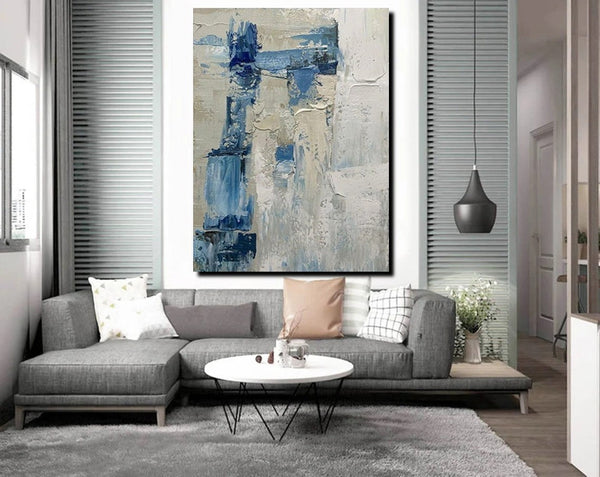 Simple Wall Art Ideas, Heavy Texture Painting, Blue Modern Abstract Painting, Bedroom Abstract Paintings, Large Acrylic Canvas Paintings-LargePaintingArt.com