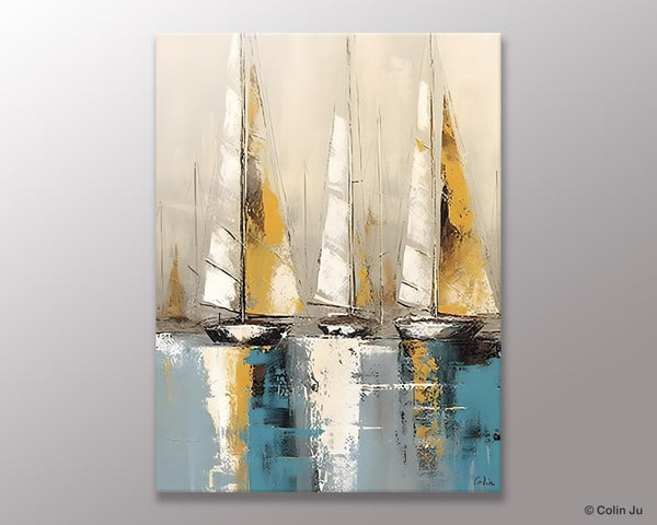 Large Painting Ideas for Living Room, Large Original Canvas Art for Bedroom, Sail Boat Canvas Painting, Modern Abstract Wall Art Paintings-LargePaintingArt.com
