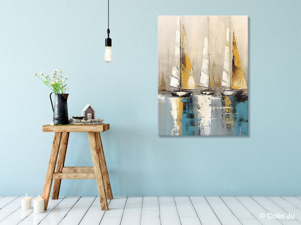 Large Painting Ideas for Living Room, Large Original Canvas Art for Bedroom, Sail Boat Canvas Painting, Modern Abstract Wall Art Paintings-LargePaintingArt.com