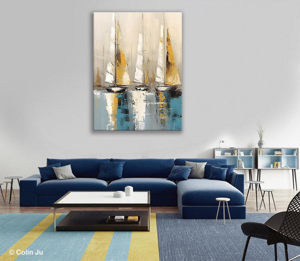 Large Painting Ideas for Living Room, Large Original Canvas Art for Bedroom, Sail Boat Canvas Painting, Modern Abstract Wall Art Paintings-LargePaintingArt.com